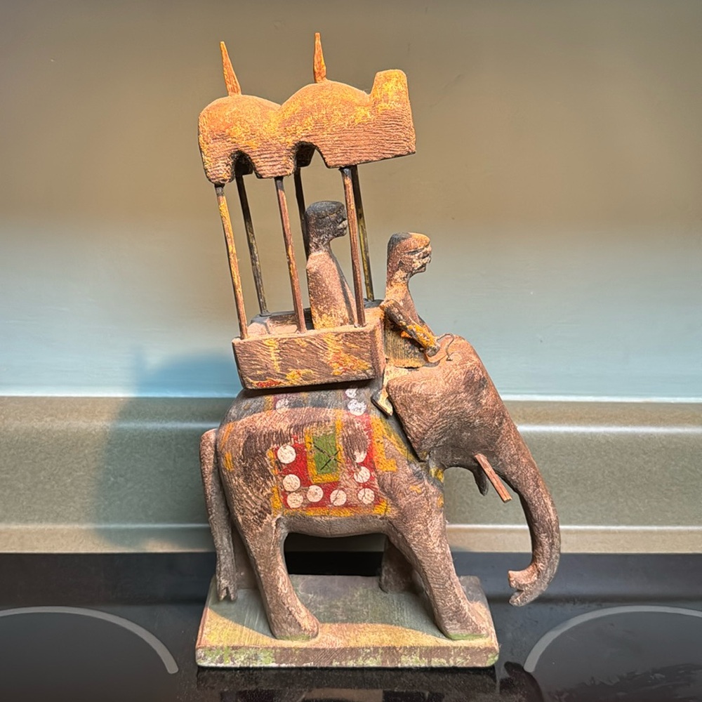 Beautiful Antique 11" Tall Asian Indian Carved Wood Elephant W/ Howdah
